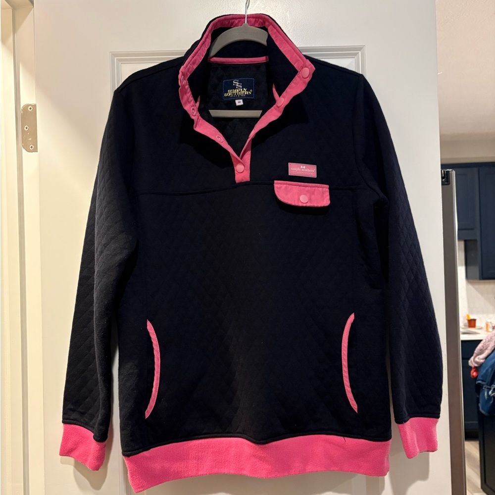 Simply Southern Black & Pink Quilted 1/4 Snap Pullover Sweatshirt Jacket Size M